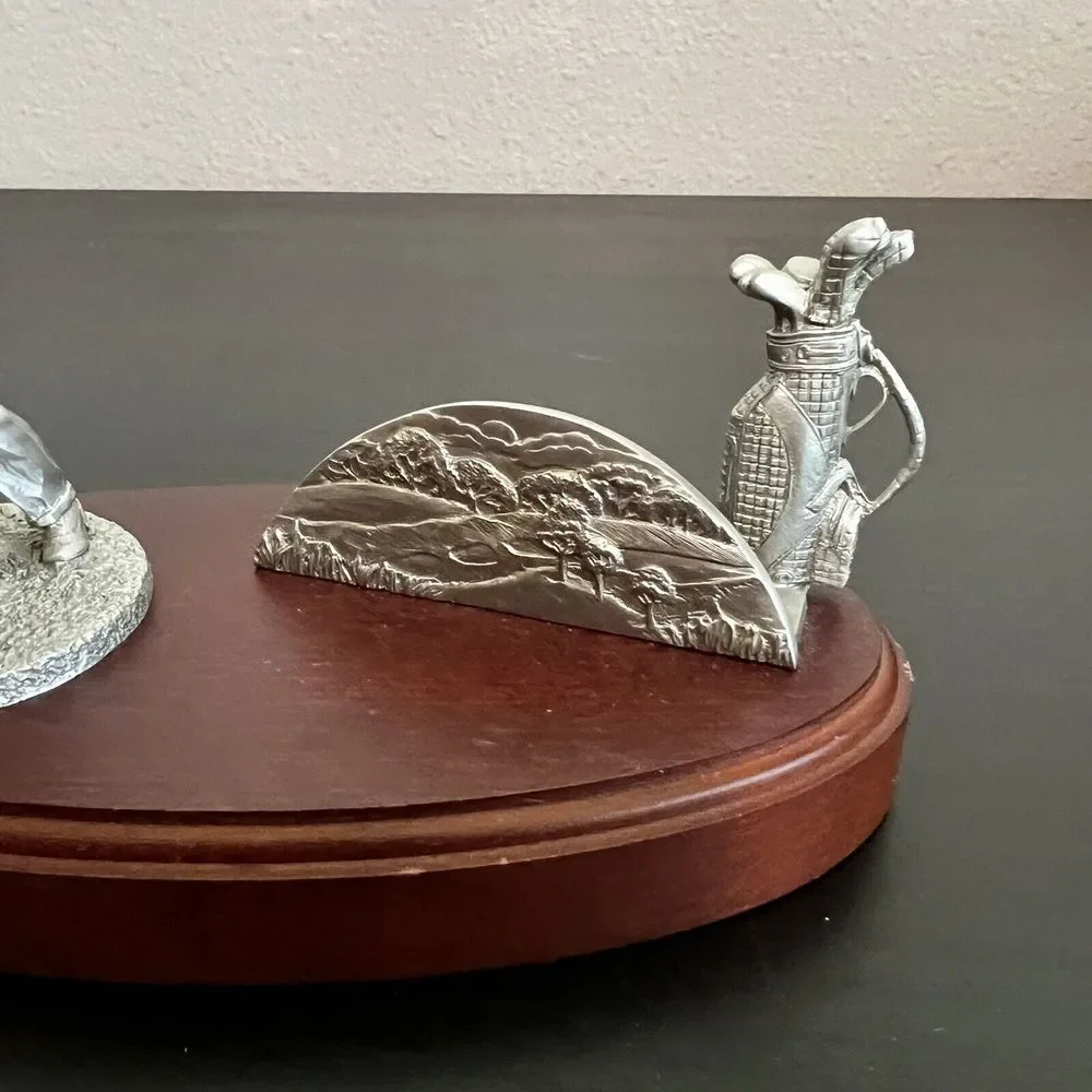 Vintage Golfer‎ Business Card Holder Pewter Wood Office Golf Library W T Wilson
